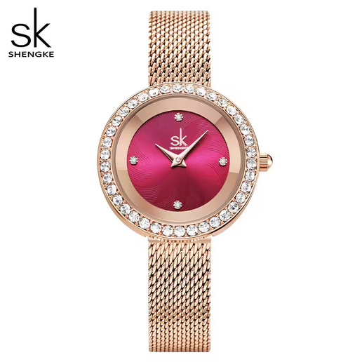 SHENGKE Damen Mesh-Uhr – Pinkes Zifferblatt, Edelstahl