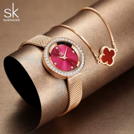 SHENGKE Damen Mesh-Uhr – Pinkes Zifferblatt, Edelstahl