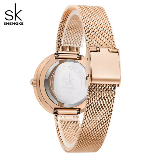 SHENGKE Damen Mesh-Uhr – Pinkes Zifferblatt, Edelstahl