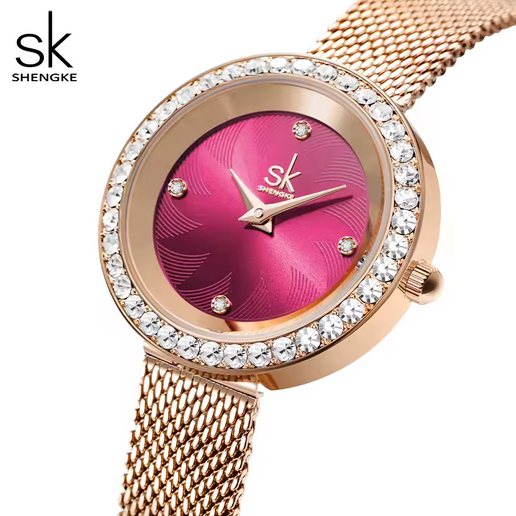SHENGKE Damen Mesh-Uhr – Pinkes Zifferblatt, Edelstahl