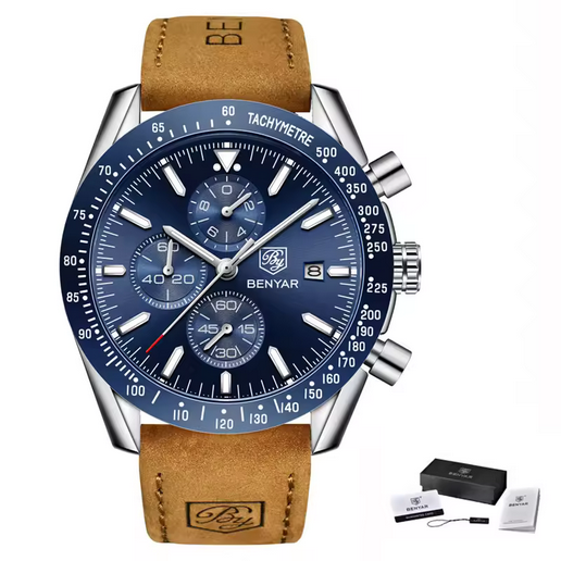 BENYAR Herren Quarzuhr – Lederband, Chronograph, 3 ATM