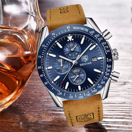 BENYAR Herren Quarzuhr – Lederband, Chronograph, 3 ATM