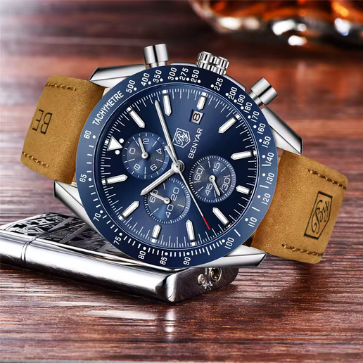 BENYAR Herren Quarzuhr – Lederband, Chronograph, 3 ATM