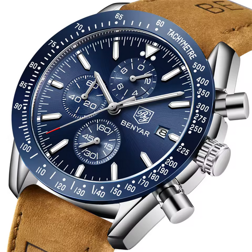 BENYAR Herren Quarzuhr – Lederband, Chronograph, 3 ATM