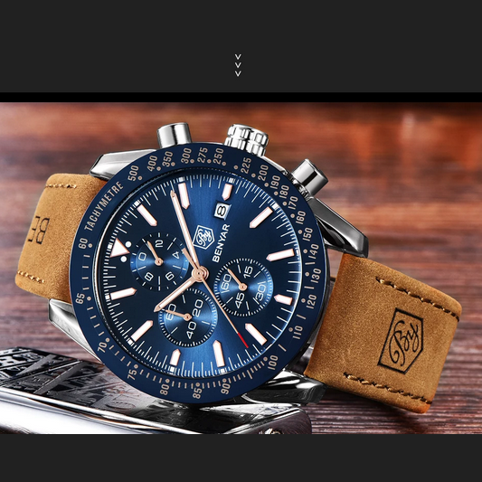 BENYAR Herren Quarzuhr – Lederband, Chronograph, 3 ATM