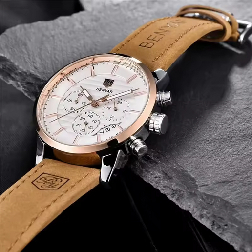 BENYAR Herren Quarzuhr – Leder, Multifunktion, 3 ATM