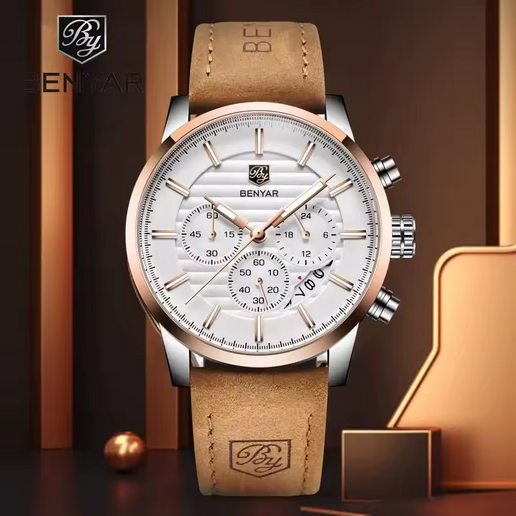 BENYAR Herren Quarzuhr – Leder, Multifunktion, 3 ATM