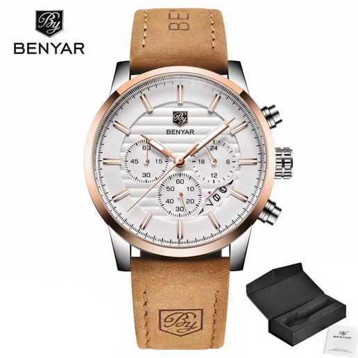 BENYAR Herren Quarzuhr – Leder, Multifunktion, 3 ATM