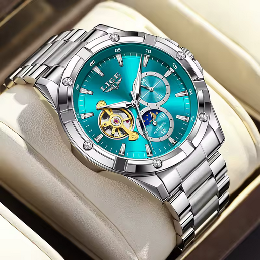 LIGE Herren Automatikuhr – Tourbillon, Edelstahl, 5 ATM