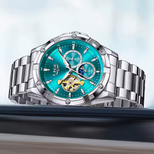 LIGE Herren Automatikuhr – Tourbillon, Edelstahl, 5 ATM