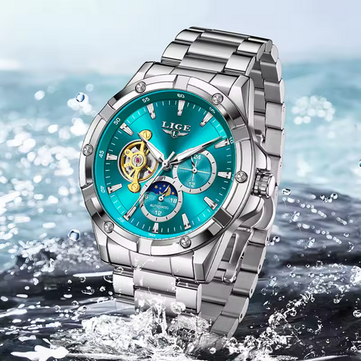 LIGE Herren Automatikuhr – Tourbillon, Edelstahl, 5 ATM