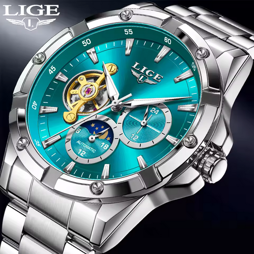 LIGE Herren Automatikuhr – Tourbillon, Edelstahl, 5 ATM